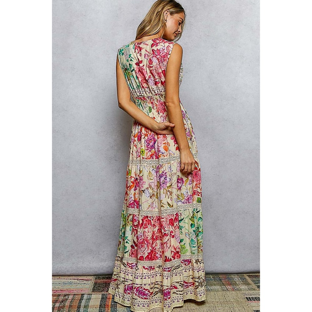 POL Floral V-Neck Sleeveless Cotton Maxi Dress Smocked Waist Ruffle Trim Boho M - Picture 3 of 7